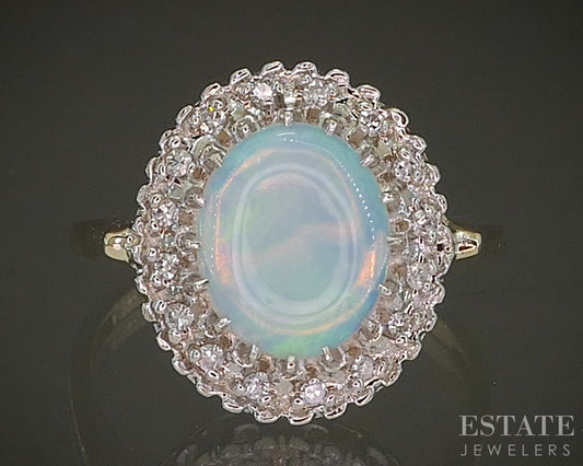 Vintage 14k Yellow Gold Oval Natural Opal & Diamond Ladies Ring 5.0g p26995