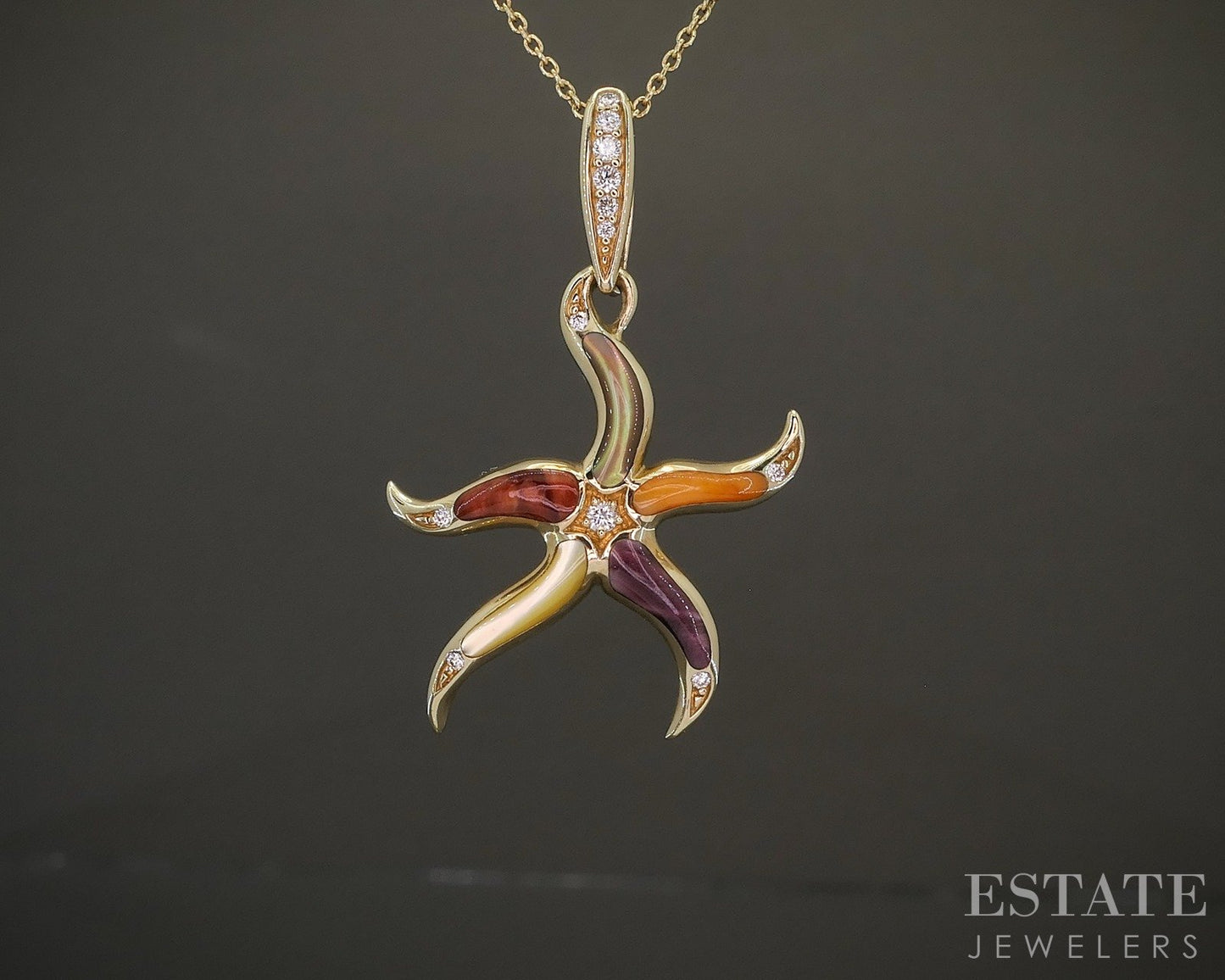 14k Yellow Gold Kabana Multi Gem & Diamond Starfish Necklace 4.9g 18"L p26737