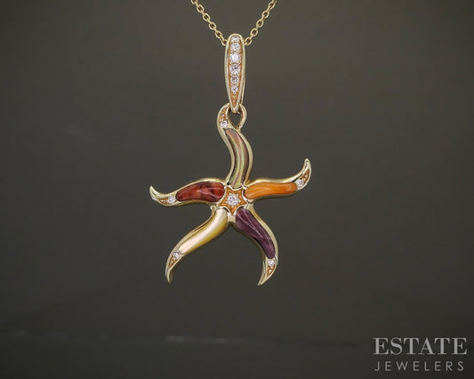 14k Yellow Gold Kabana Multi Gem & Diamond Starfish Necklace 4.9g 18"L p26737