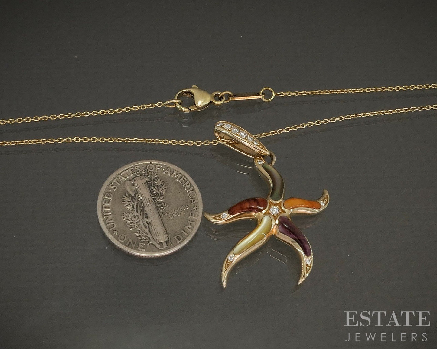 14k Yellow Gold Kabana Multi Gem & Diamond Starfish Necklace 4.9g 18"L p26737