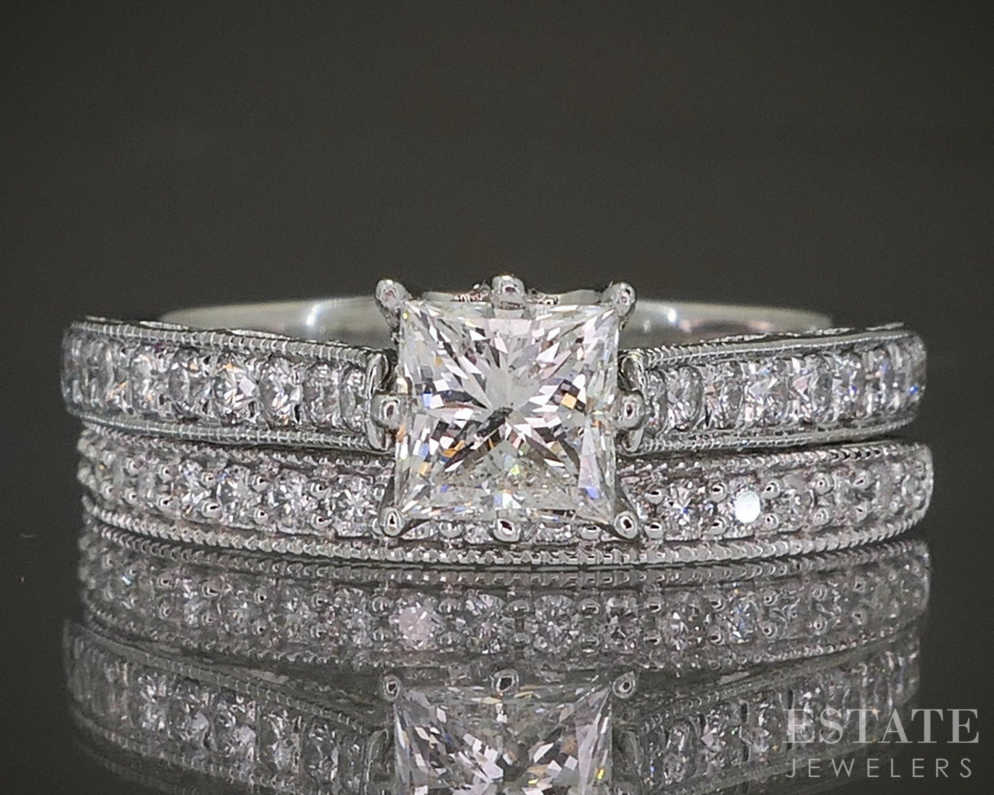 14k White Gold Princess Natural .90ctw Diamond Wedding Set 5.5g p26305