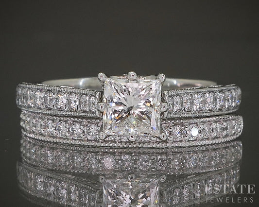 14k White Gold Princess Natural .90ctw Diamond Wedding Set 5.5g p26305