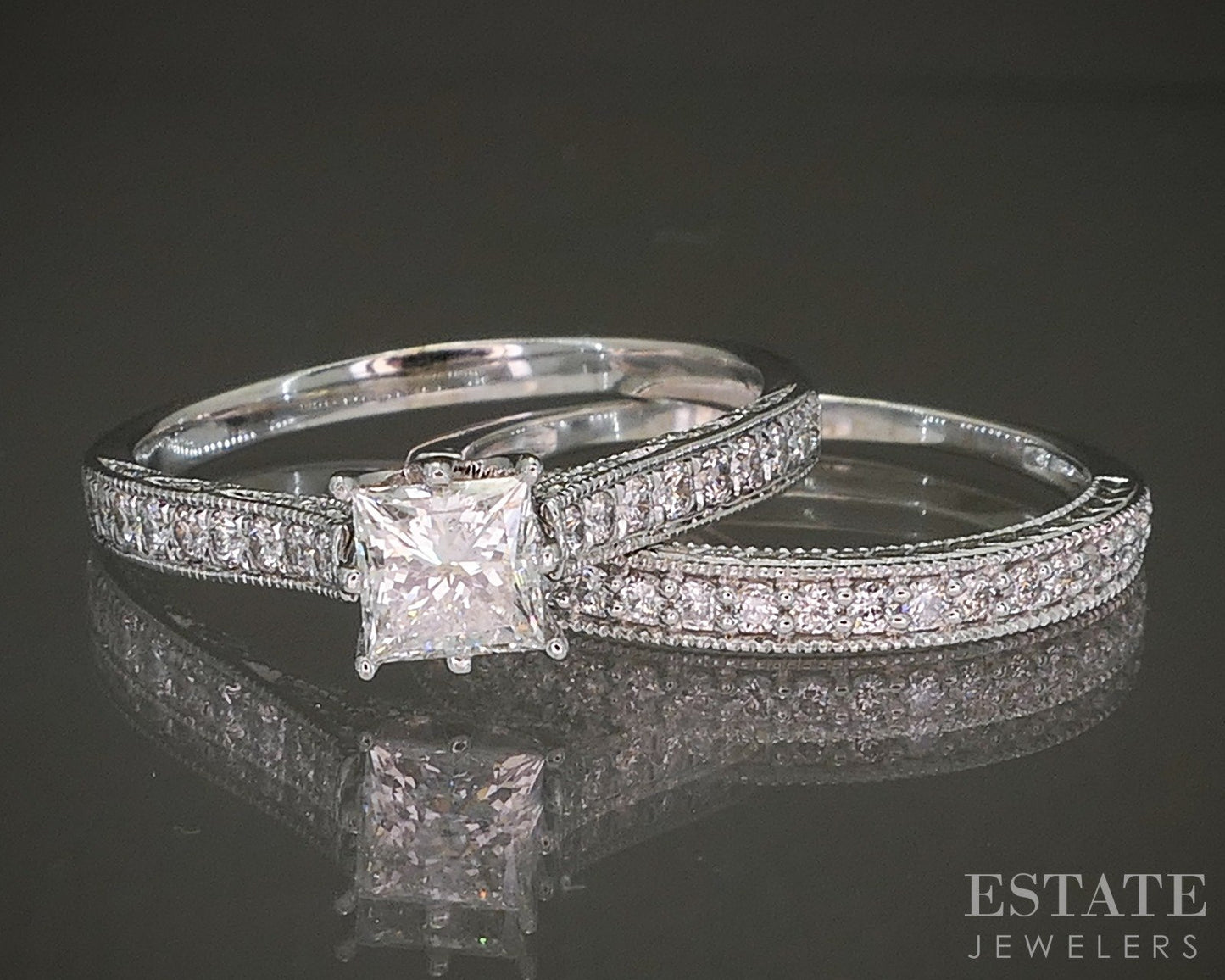 14k White Gold Princess Natural .90ctw Diamond Wedding Set 5.5g p26305