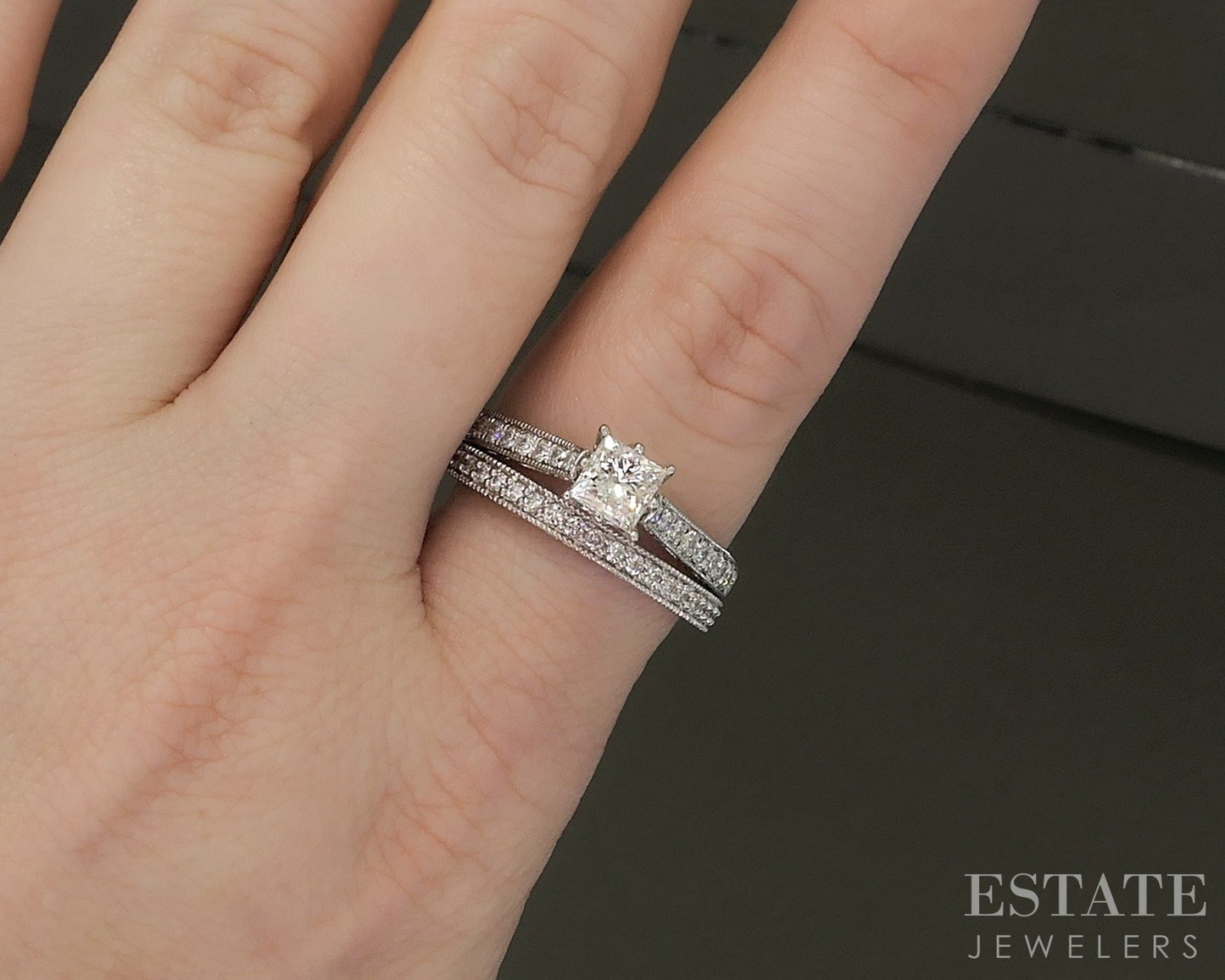 14k White Gold Princess Natural .90ctw Diamond Wedding Set 5.5g p26305