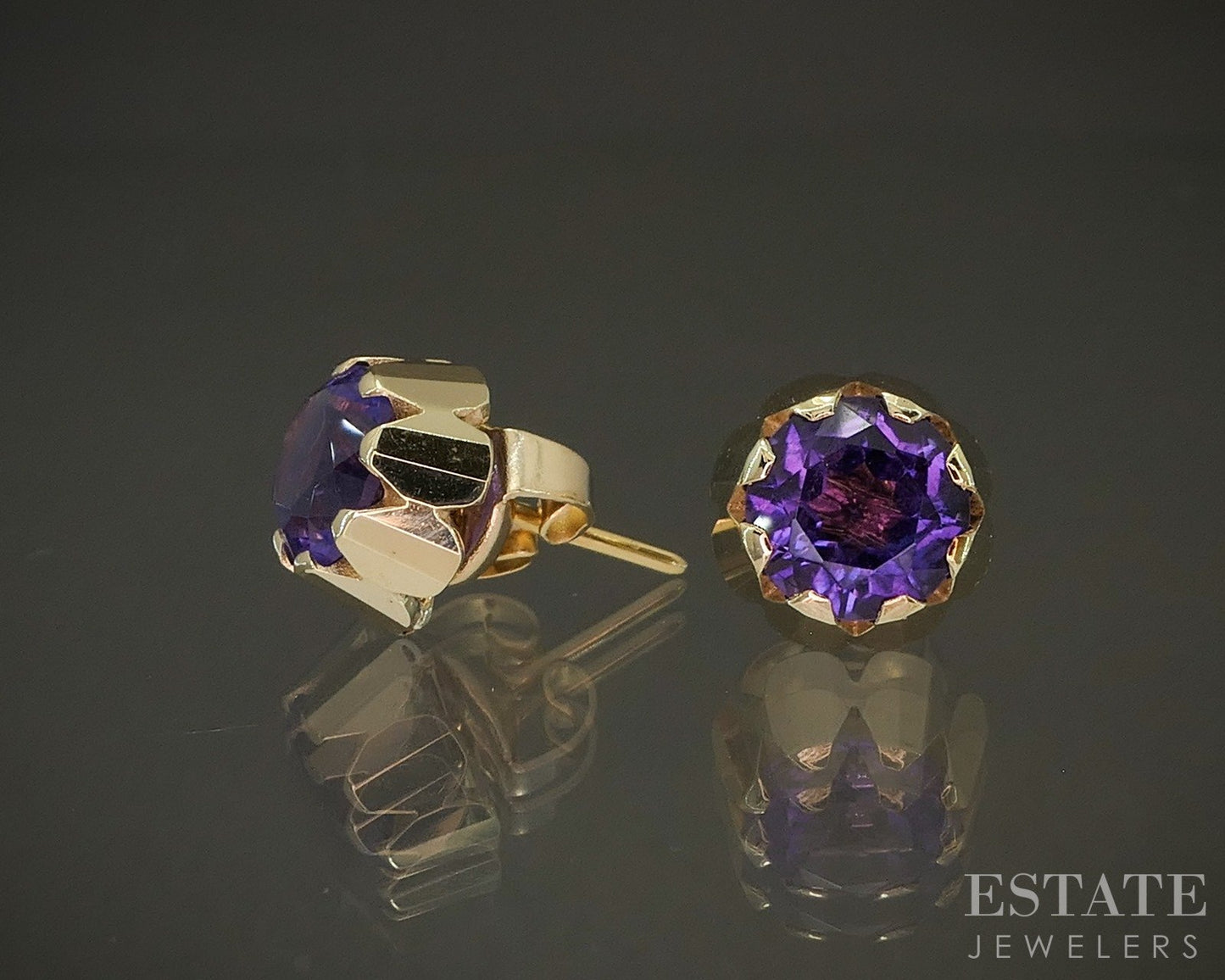 Vintage 14k Yellow Gold 7mm Natural Amethyst Button Stud Earrings 3.4g p26976