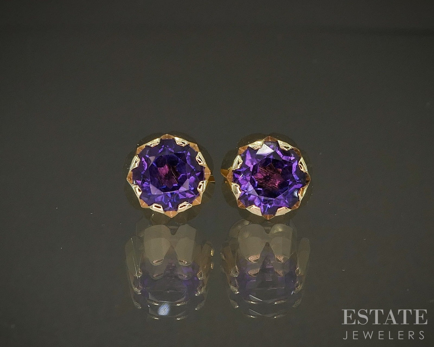 Vintage 14k Yellow Gold 7mm Natural Amethyst Button Stud Earrings 3.4g p26976