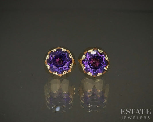 Vintage 14k Yellow Gold 7mm Natural Amethyst Button Stud Earrings 3.4g p26976