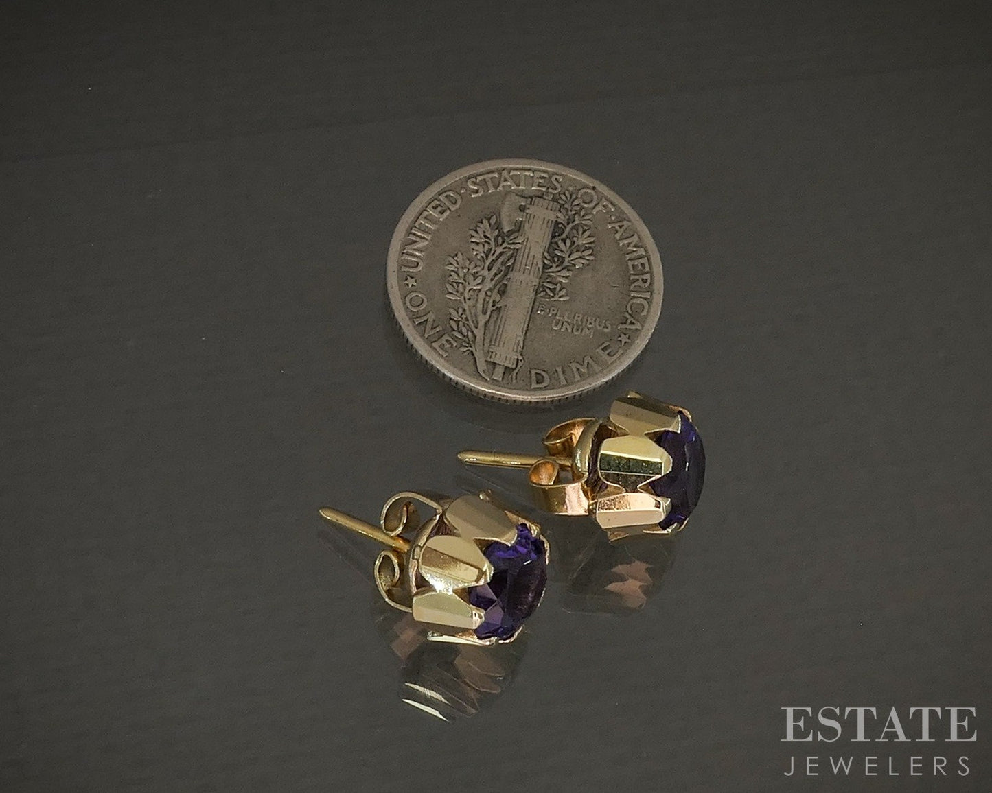 Vintage 14k Yellow Gold 7mm Natural Amethyst Button Stud Earrings 3.4g p26976