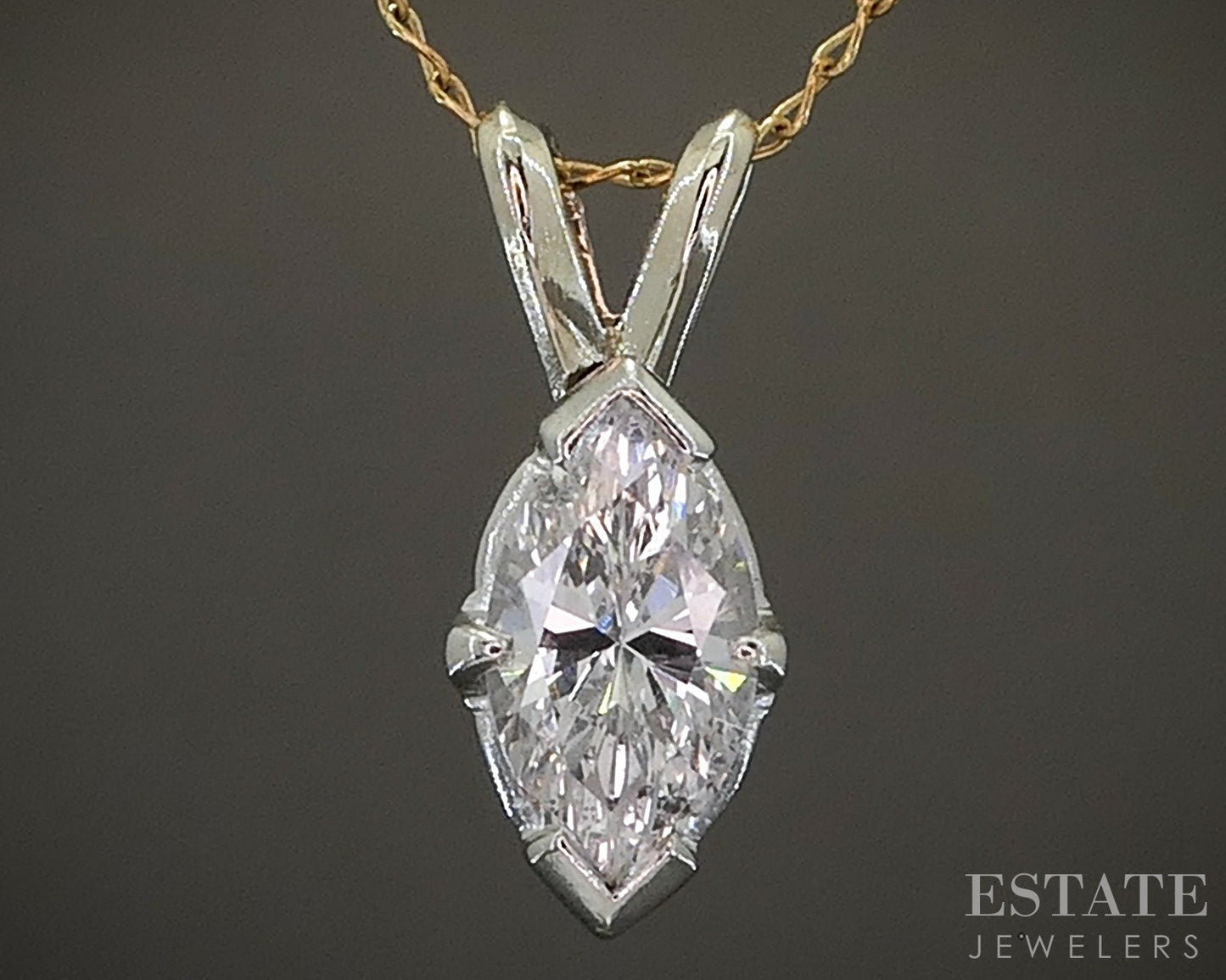 14k Yellow & White Gold Marquise .55ct Diamond Solitaire Necklace 19"L p26029