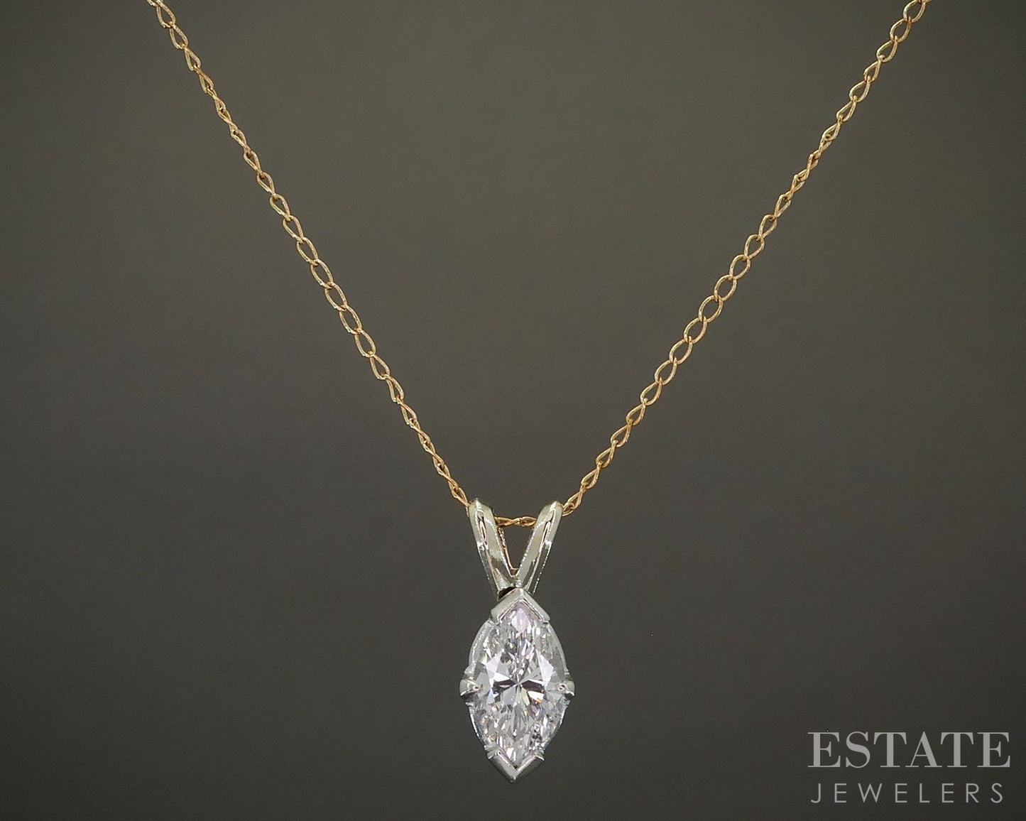 14k Yellow & White Gold Marquise .55ct Diamond Solitaire Necklace 19"L p26029