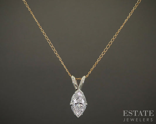 14k Yellow & White Gold Marquise .55ct Diamond Solitaire Necklace 19"L p26029