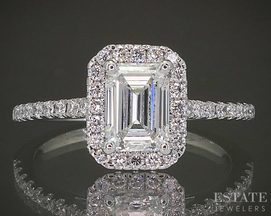 14k White Gold Lab Created Emerald .81ct Diamond Halo Engagement Ring p19461