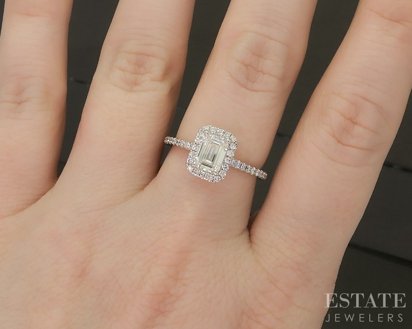 14k White Gold Lab Created Emerald .81ct Diamond Halo Engagement Ring p19461
