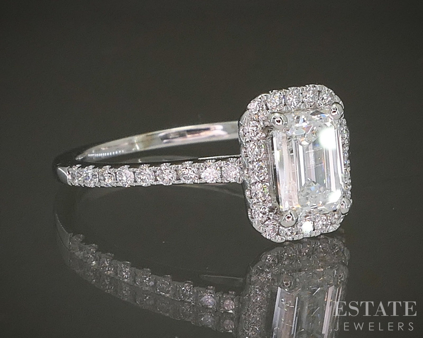 14k White Gold Lab Created Emerald .81ct Diamond Halo Engagement Ring p19461