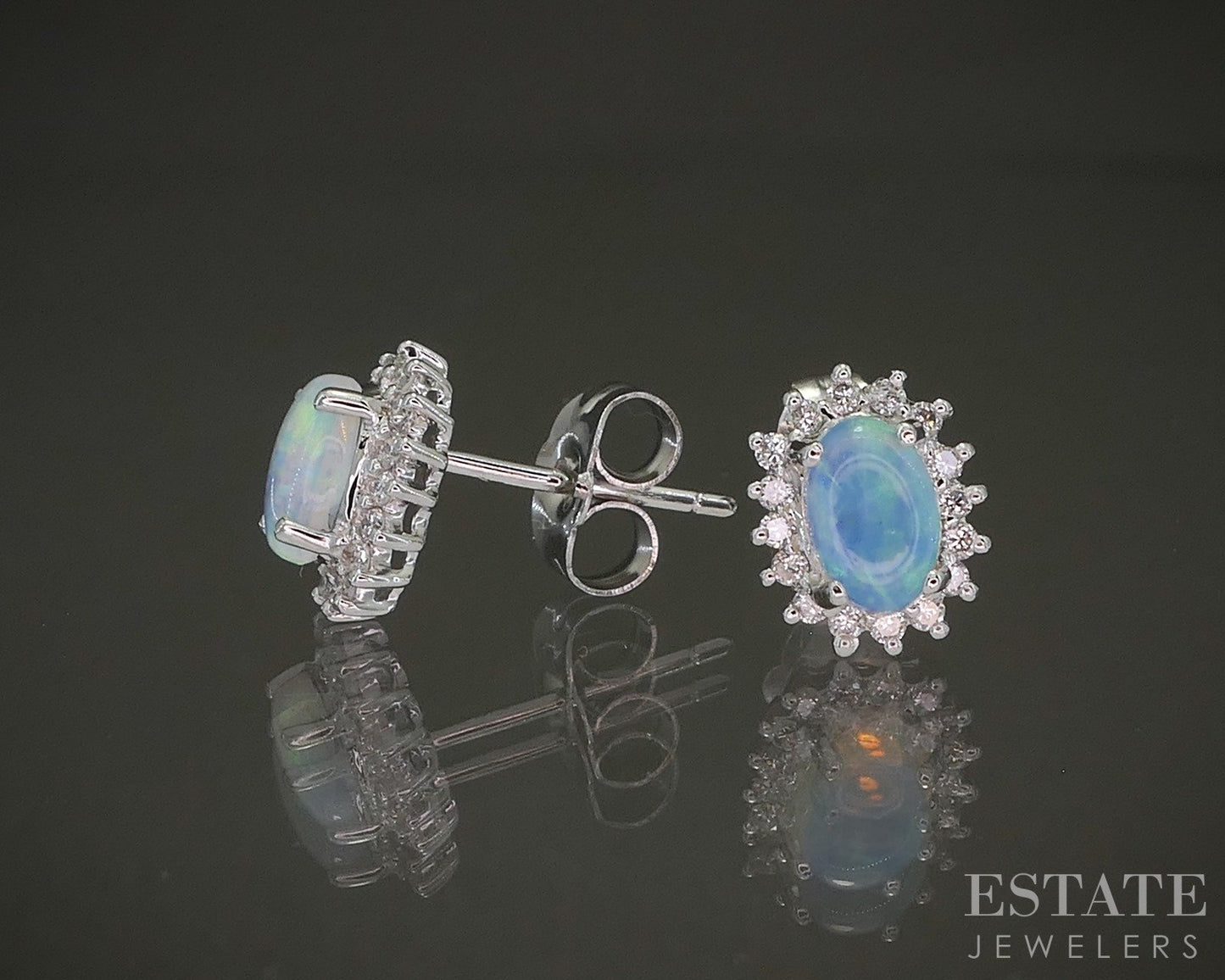 14k White Gold Natural Opal & Diamond Halo Stud Earrings 1.4g p26950