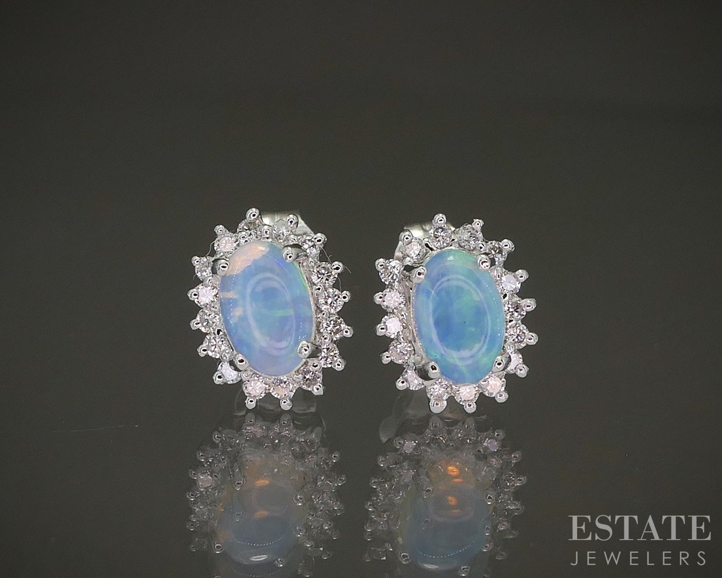 14k White Gold Natural Opal & Diamond Halo Stud Earrings 1.4g p26950