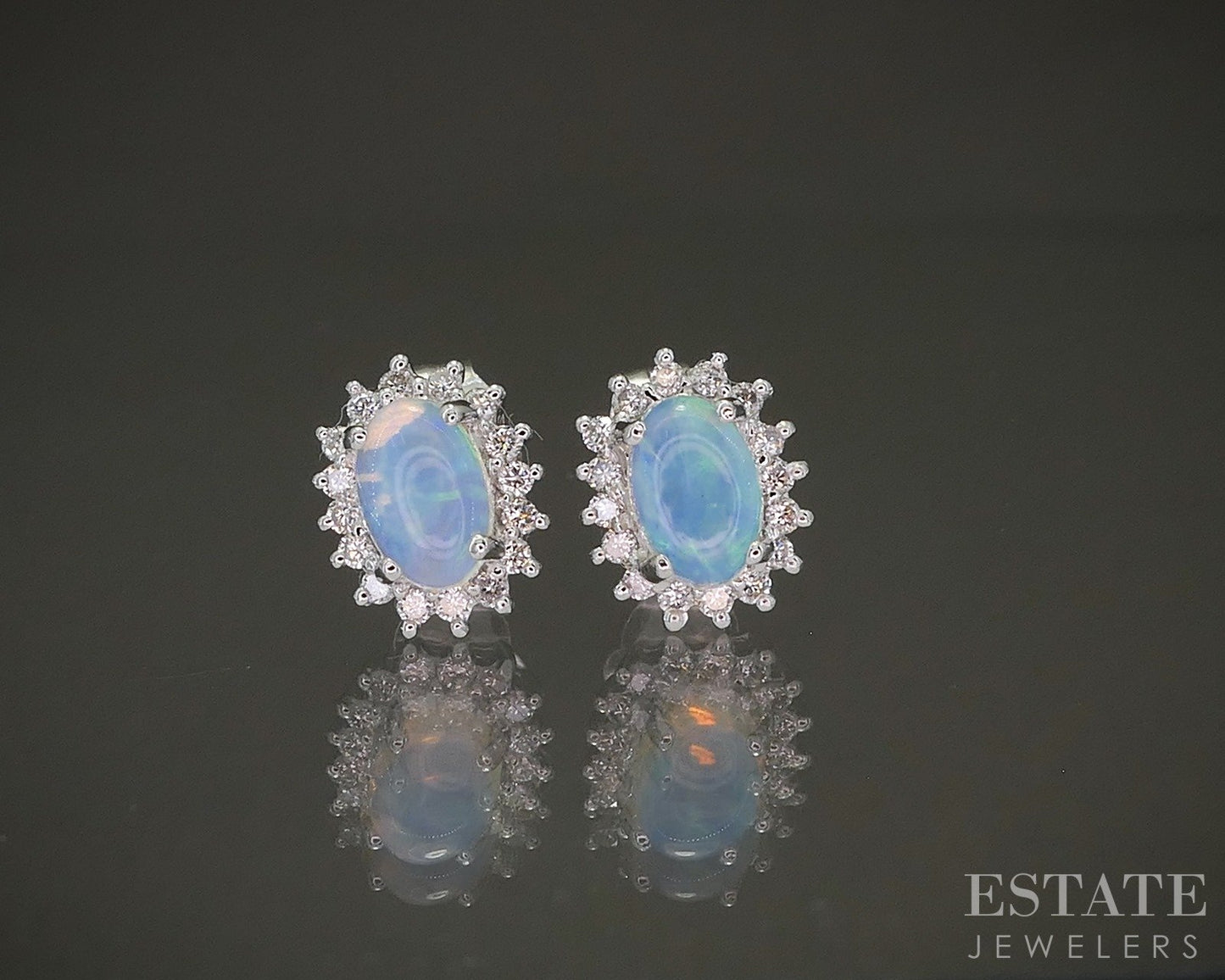 14k White Gold Natural Opal & Diamond Halo Stud Earrings 1.4g p26950