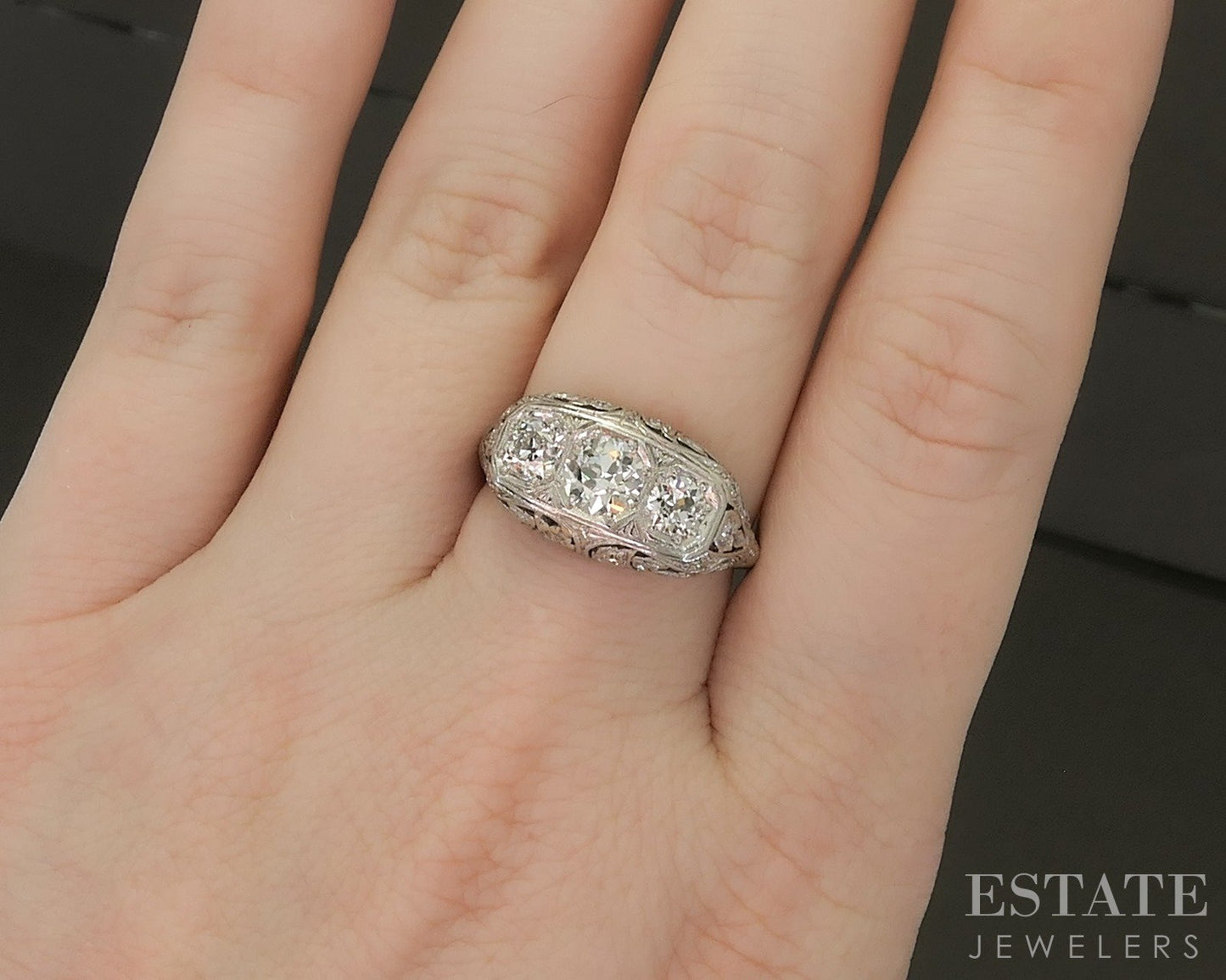 Antique Art Deco Platinum OEC 1ctw Diamond Filigree Engagement Ring 4.3g p26155
