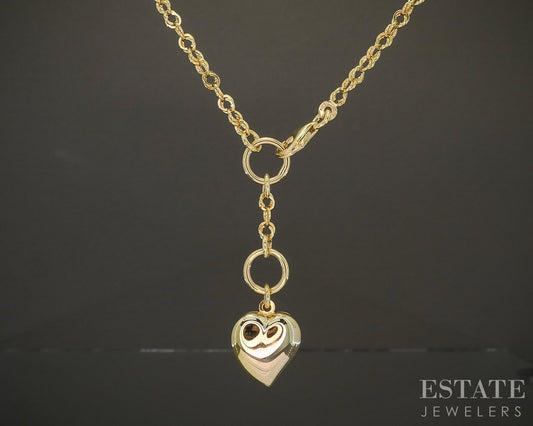 14k Yellow Gold Puffy Heart Cable Chain Lariat Necklace 5.9g 18"L p26398