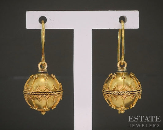 Antique Victorian 14k Yellow Gold 10mm Granulated Bead Dangle Earrings p27322