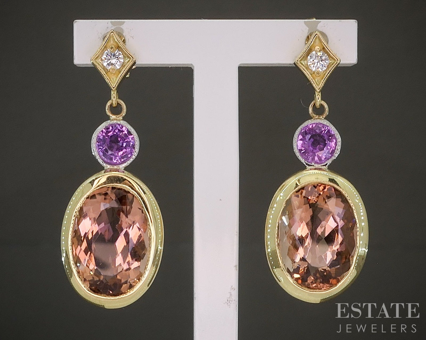 18k Yellow Gold Natural Imperial Topaz & Pink Sapphire Diamond Earrings p28147
