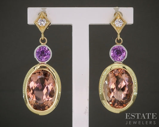 18k Yellow Gold Natural Imperial Topaz & Pink Sapphire Diamond Earrings p28147