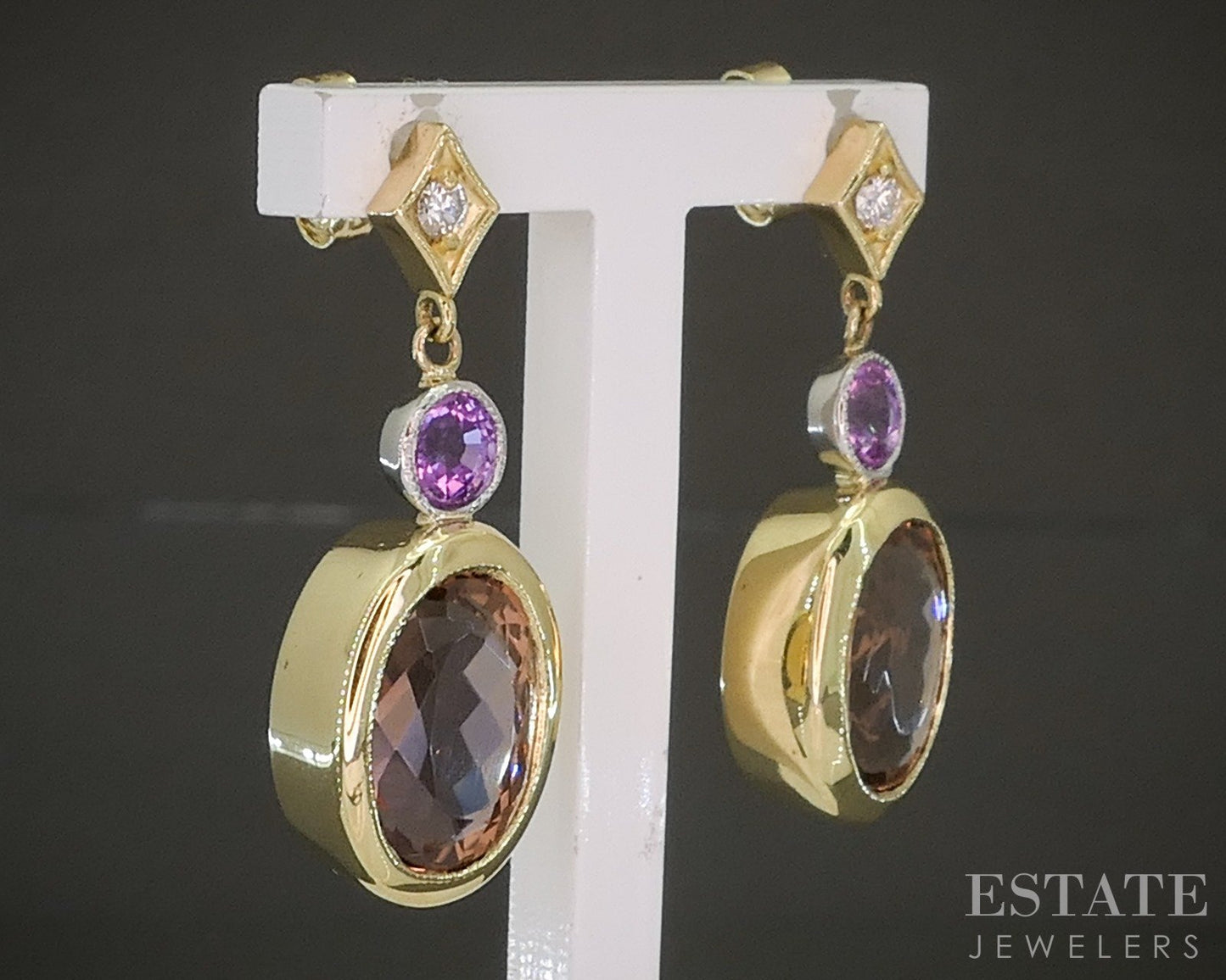 18k Yellow Gold Natural Imperial Topaz & Pink Sapphire Diamond Earrings p28147