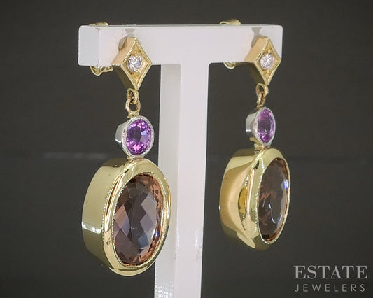 18k Yellow Gold Natural Imperial Topaz & Pink Sapphire Diamond Earrings p28147