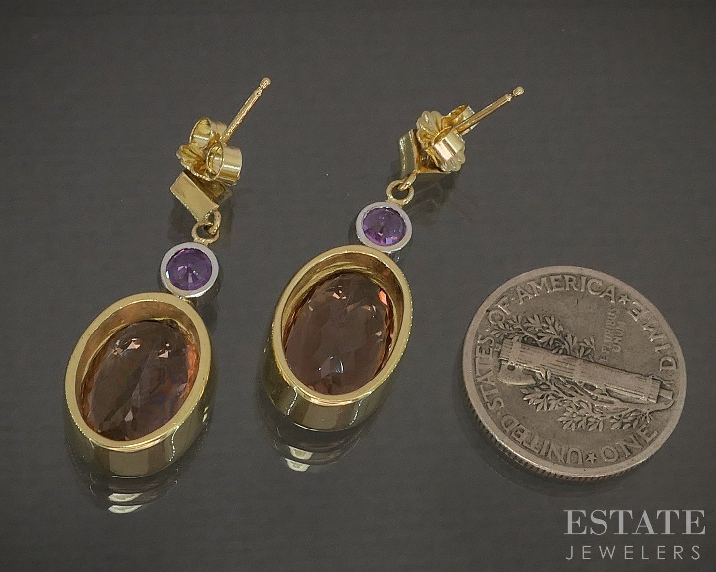 18k Yellow Gold Natural Imperial Topaz & Pink Sapphire Diamond Earrings p28147