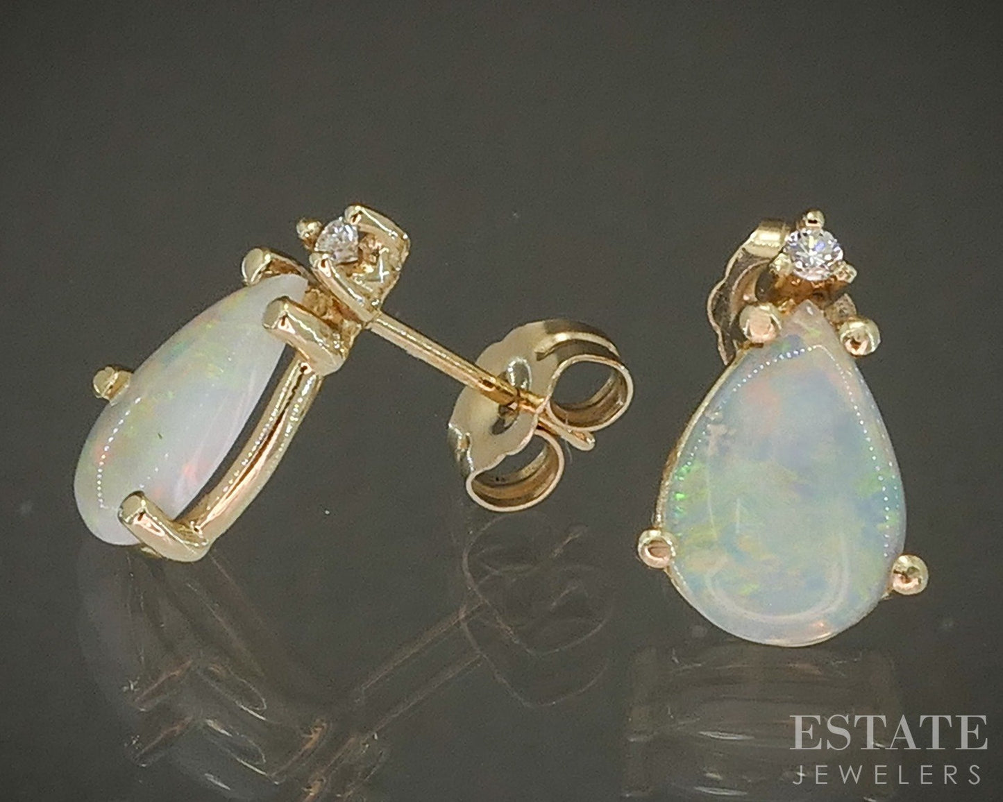 14k Yellow Gold Natural Opal & Diamond Ladies Stud Earrings 1.5g p28044