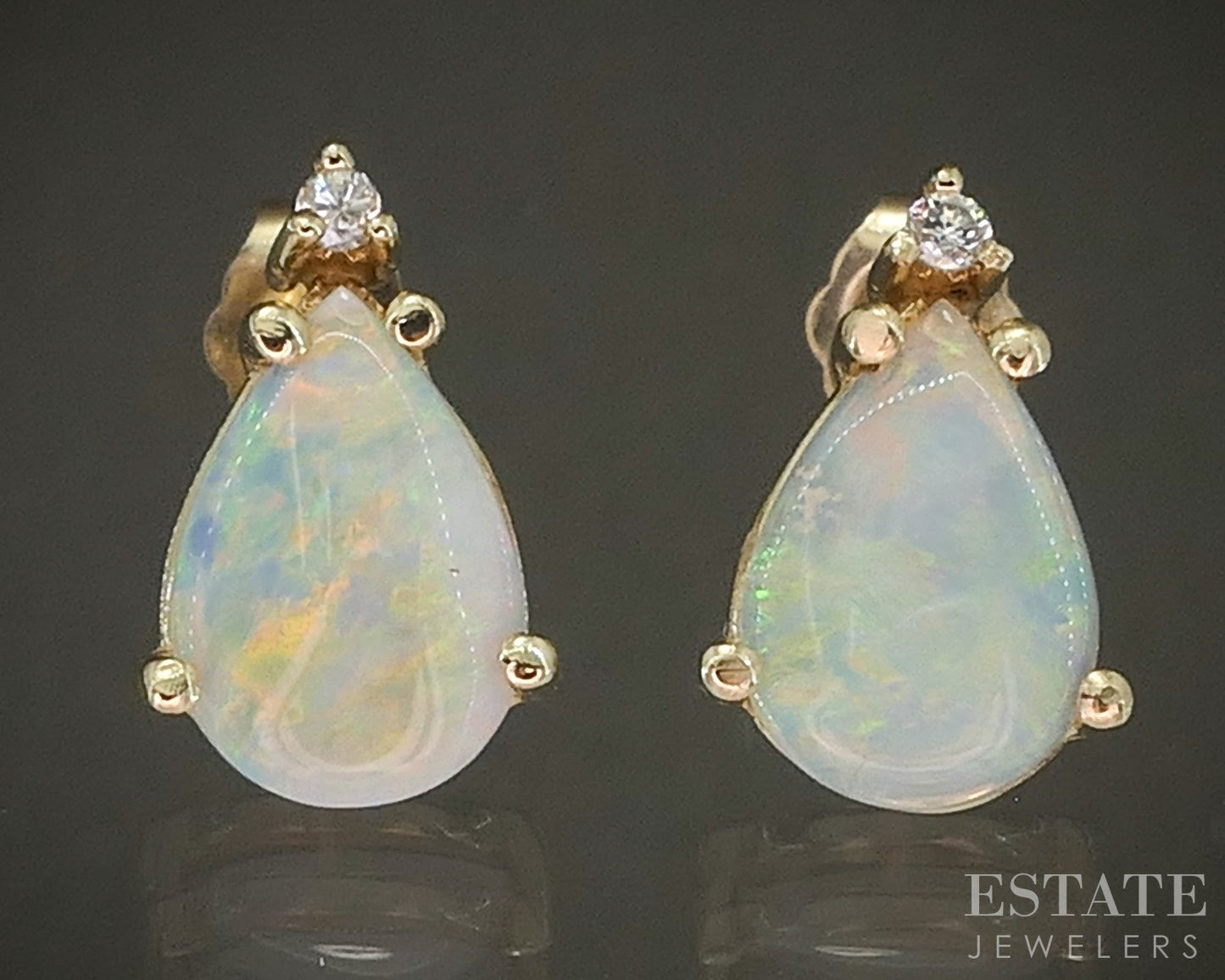 14k Yellow Gold Natural Opal & Diamond Ladies Stud Earrings 1.5g p28044