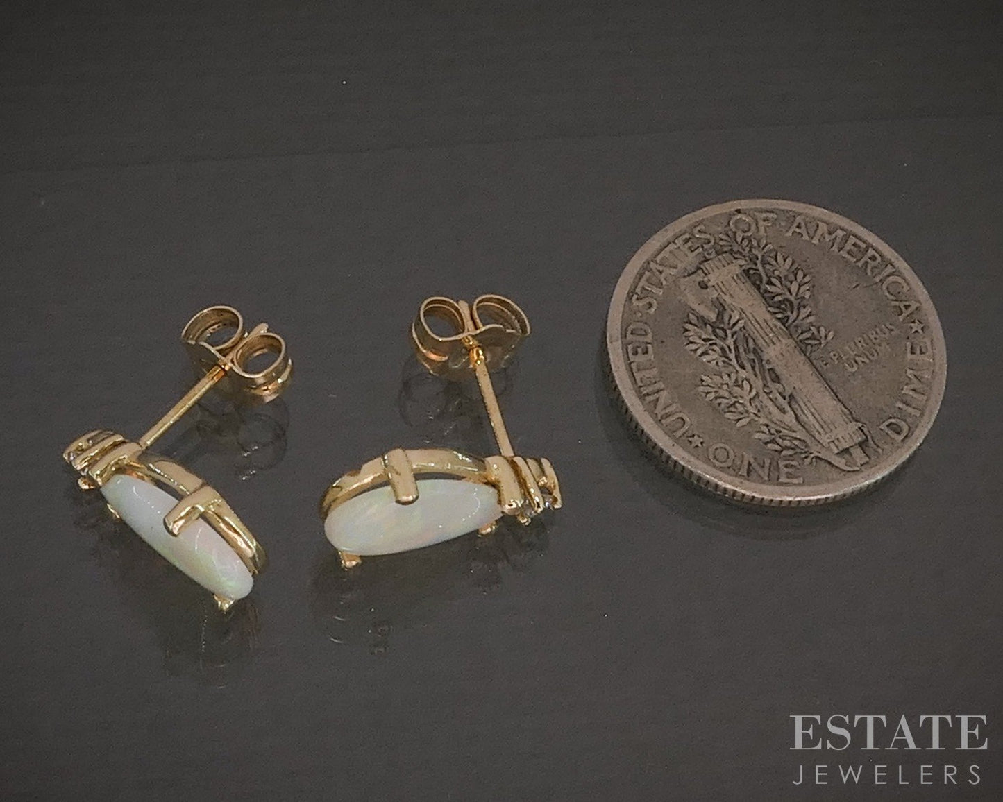 14k Yellow Gold Natural Opal & Diamond Ladies Stud Earrings 1.5g p28044