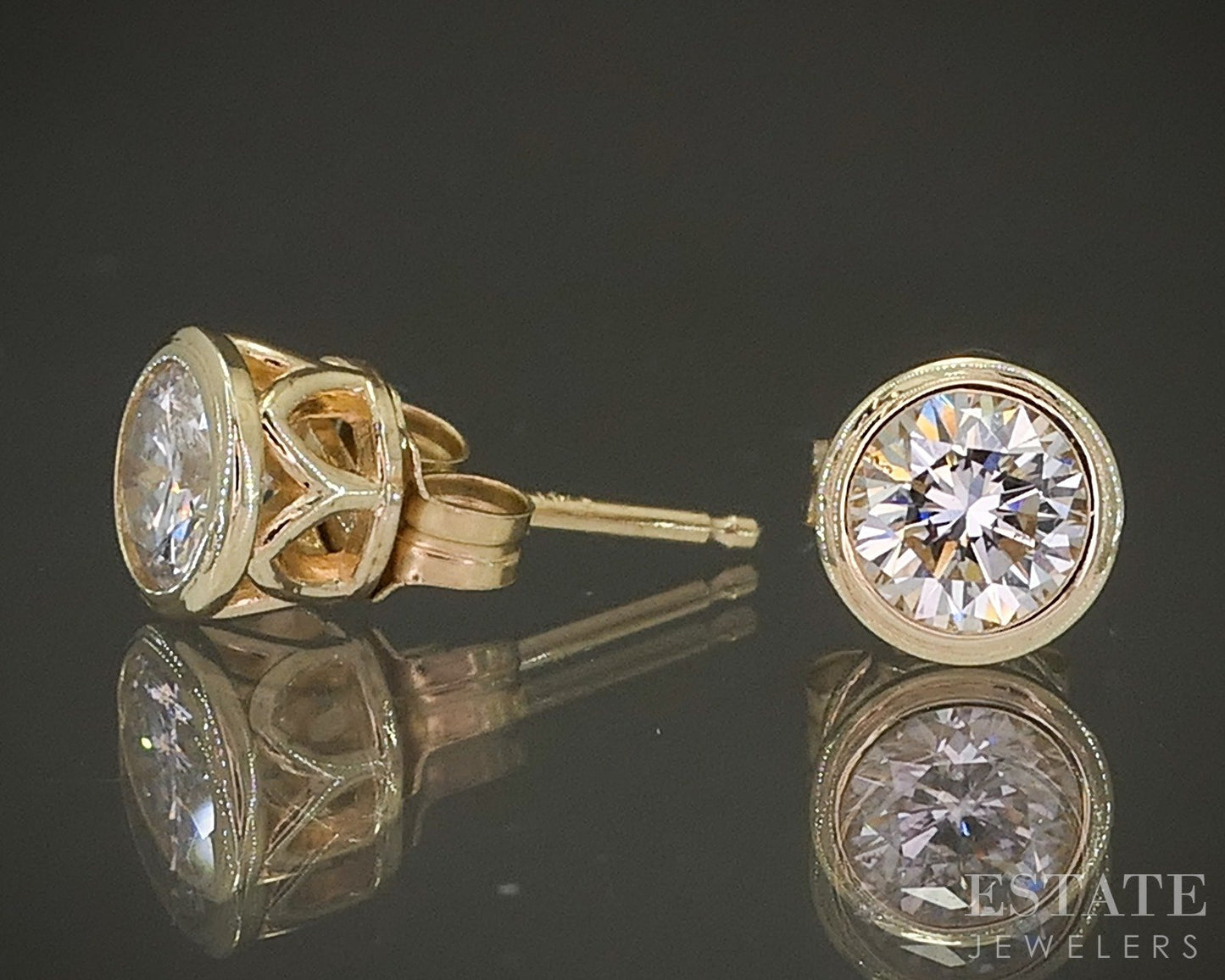 14k Yellow Gold Round Natural .63ctw Diamond Bezel Stud Earrings 1.1g p28149