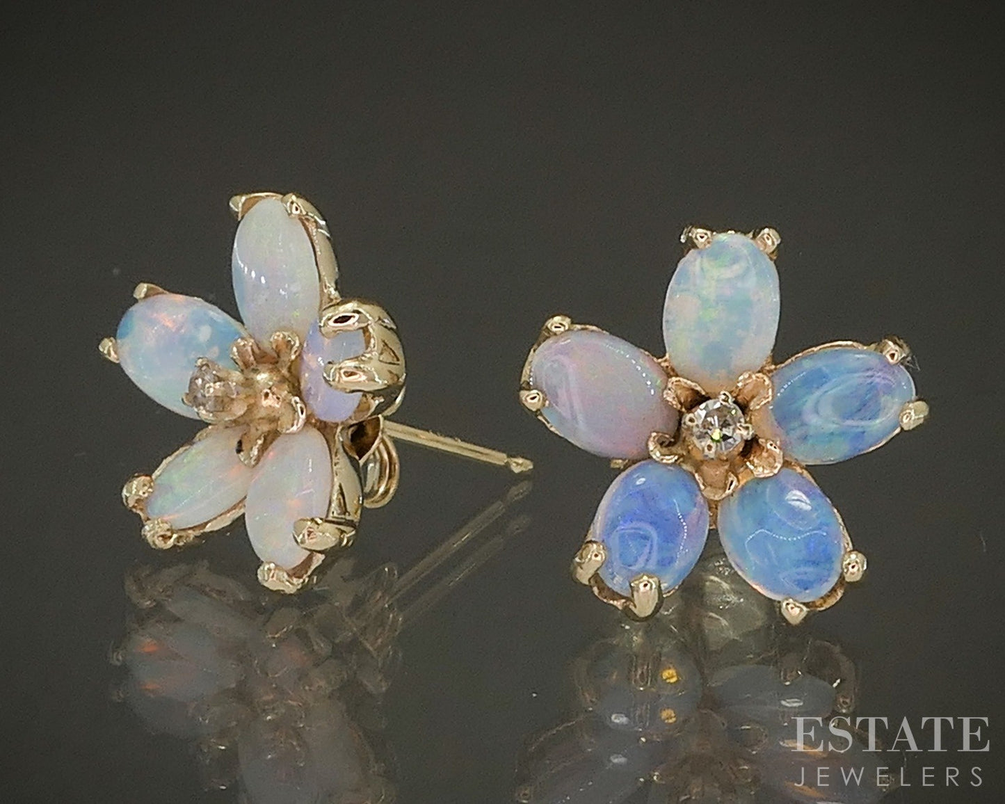 Vintage 14k Yellow Gold Natural Opal & Diamond Flower Stud Earrings 3.2g p28129