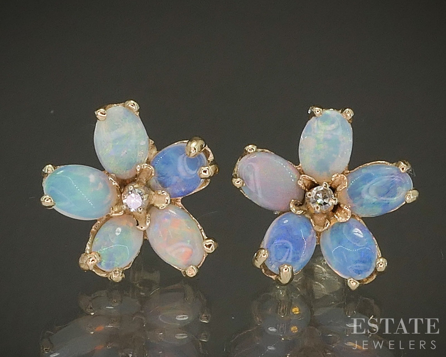 Vintage 14k Yellow Gold Natural Opal & Diamond Flower Stud Earrings 3.2g p28129