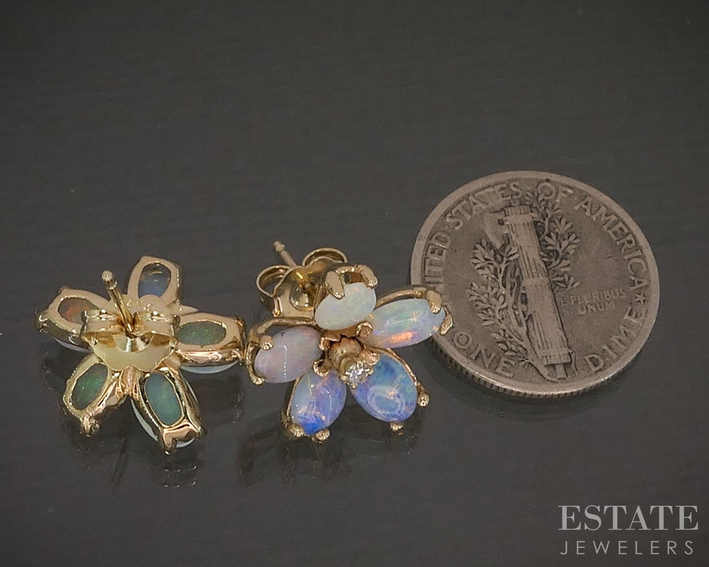 Vintage 14k Yellow Gold Natural Opal & Diamond Flower Stud Earrings 3.2g p28129