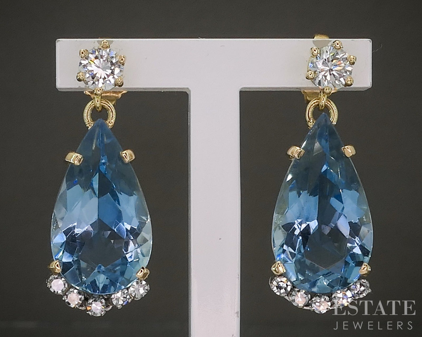 18k Yellow Gold IGI Natural 10ctw Aquamarine & Diamond Dangle Earrings 6g p28143