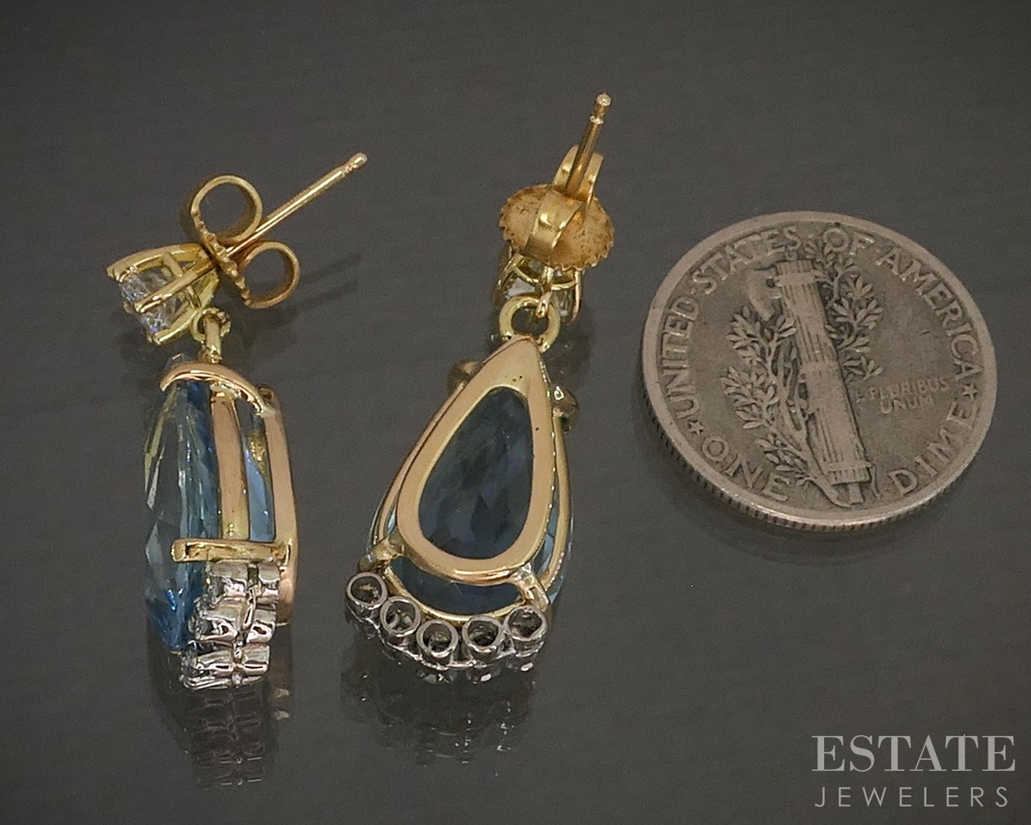 18k Yellow Gold IGI Natural 10ctw Aquamarine & Diamond Dangle Earrings 6g p28143