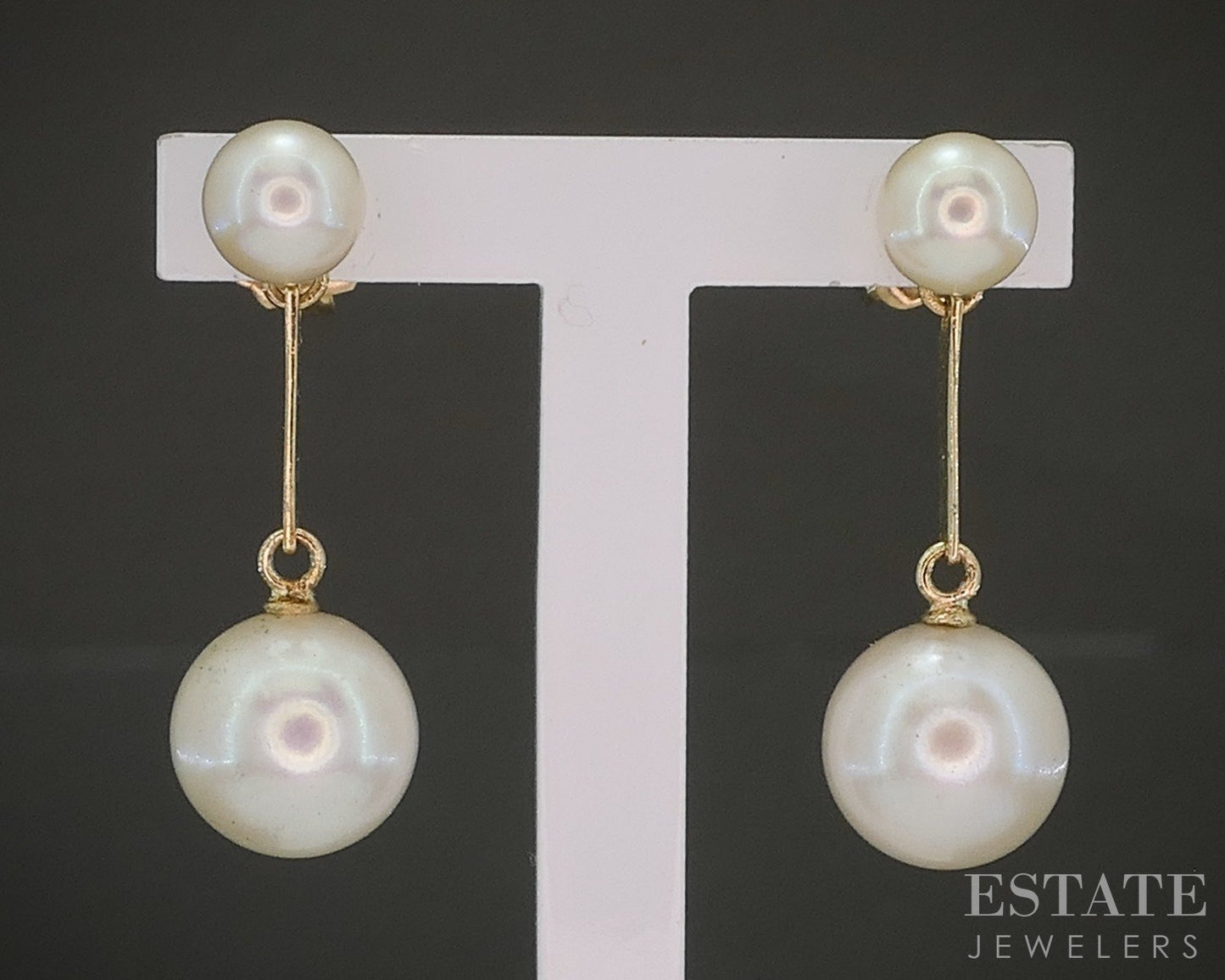 Vintage 14k Yellow Gold 2.8-5mm Akoya Pearl Mikimoto Dangle Earrings p27278