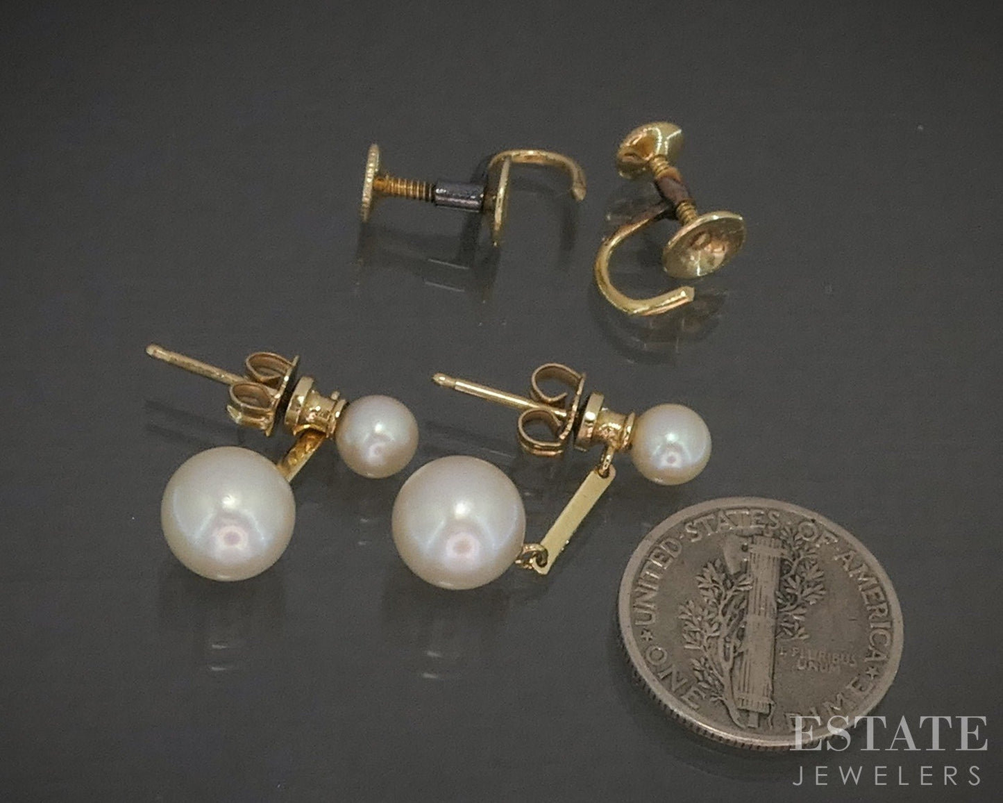 Vintage 14k Yellow Gold 2.8-5mm Akoya Pearl Mikimoto Dangle Earrings p27278