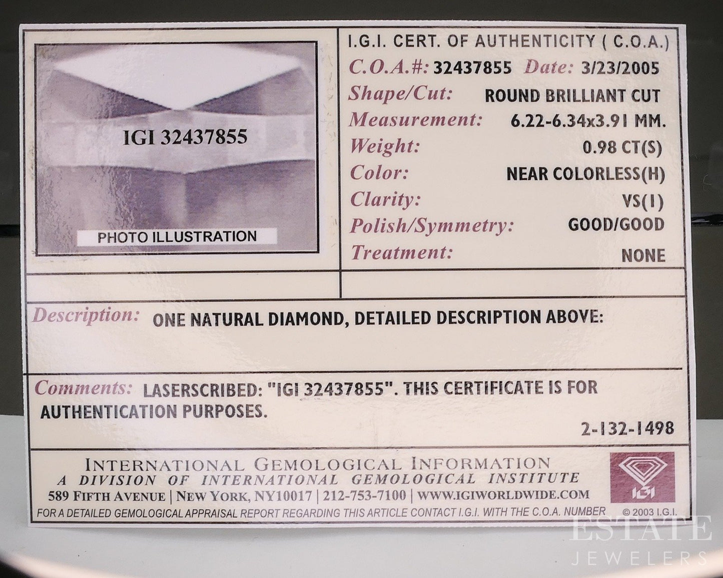 Loose .98ct Round Cut IGI Certified Natural Diamond VS1/H p28150