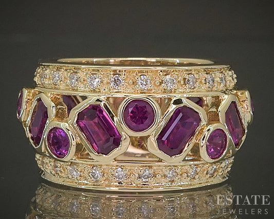 14k Yellow Gold Sonia B. Natural Pink Ruby & Diamond Band Ring 9.2g p28097