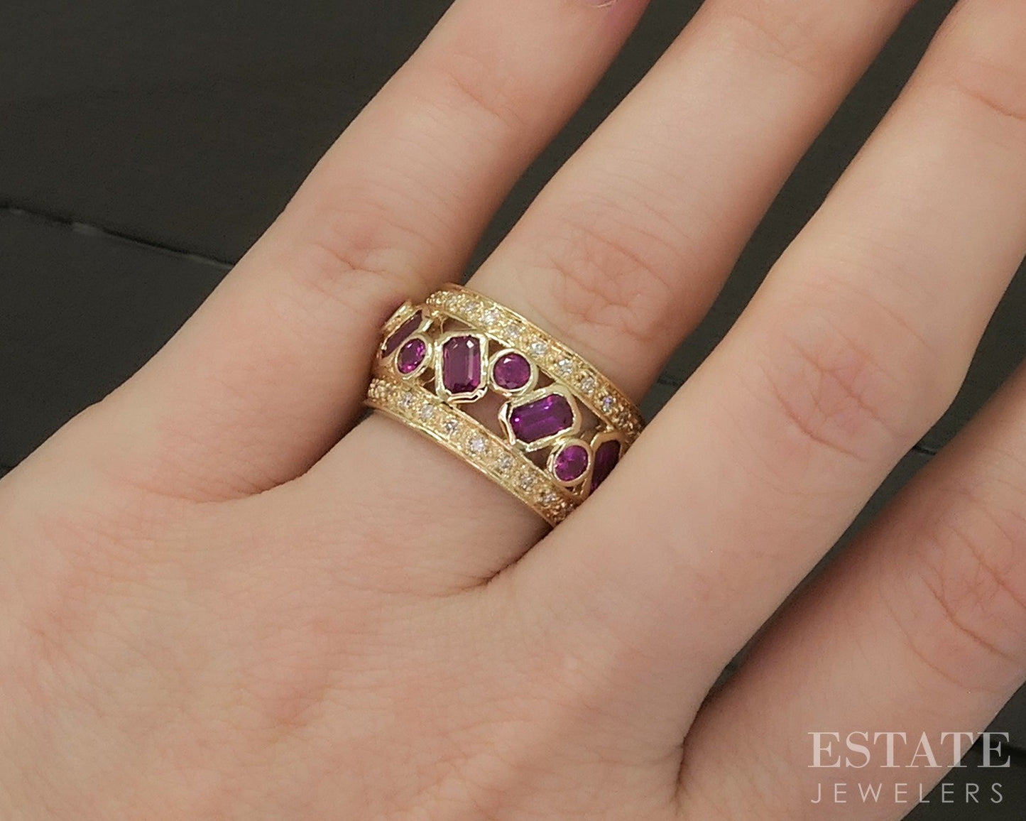 14k Yellow Gold Sonia B. Natural Pink Ruby & Diamond Band Ring 9.2g p28097