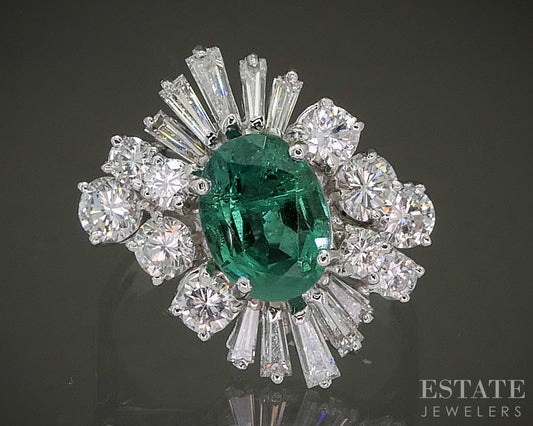 18k White Gold IGI Natural 1.30ct Emerald & Diamond Cocktail Ring 5.5g p28136