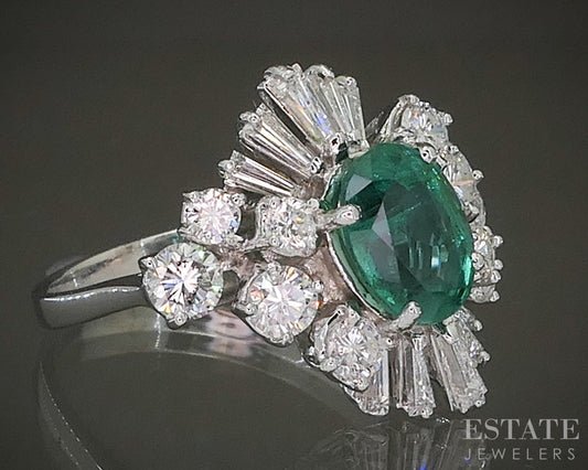 18k White Gold IGI Natural 1.30ct Emerald & Diamond Cocktail Ring 5.5g p28136