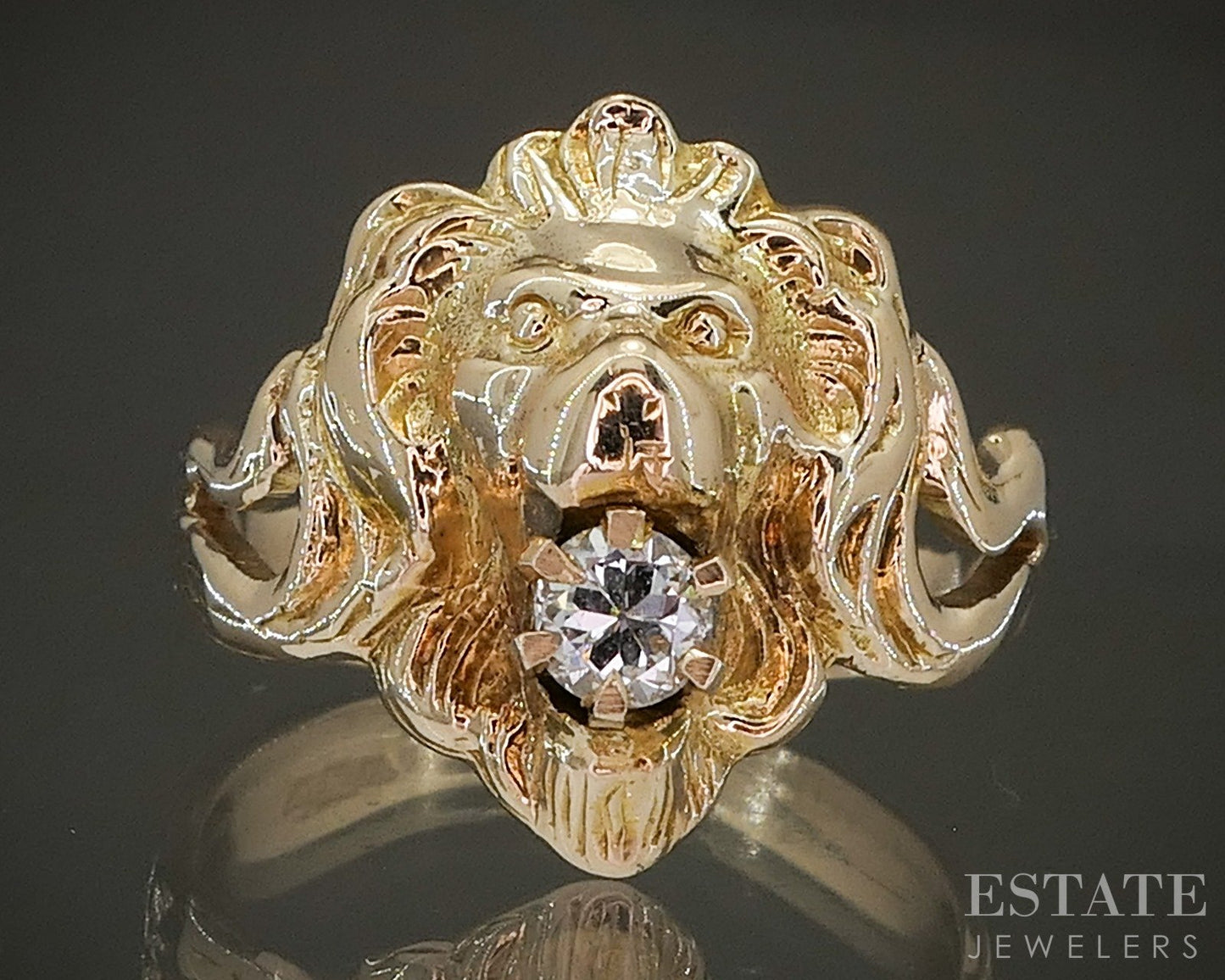Antique Art Nouveau 14k Yellow Gold OMC .17ct Diamond Lion Head Ring p27465