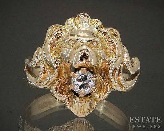 Antique Art Nouveau 14k Yellow Gold OMC .17ct Diamond Lion Head Ring p27465