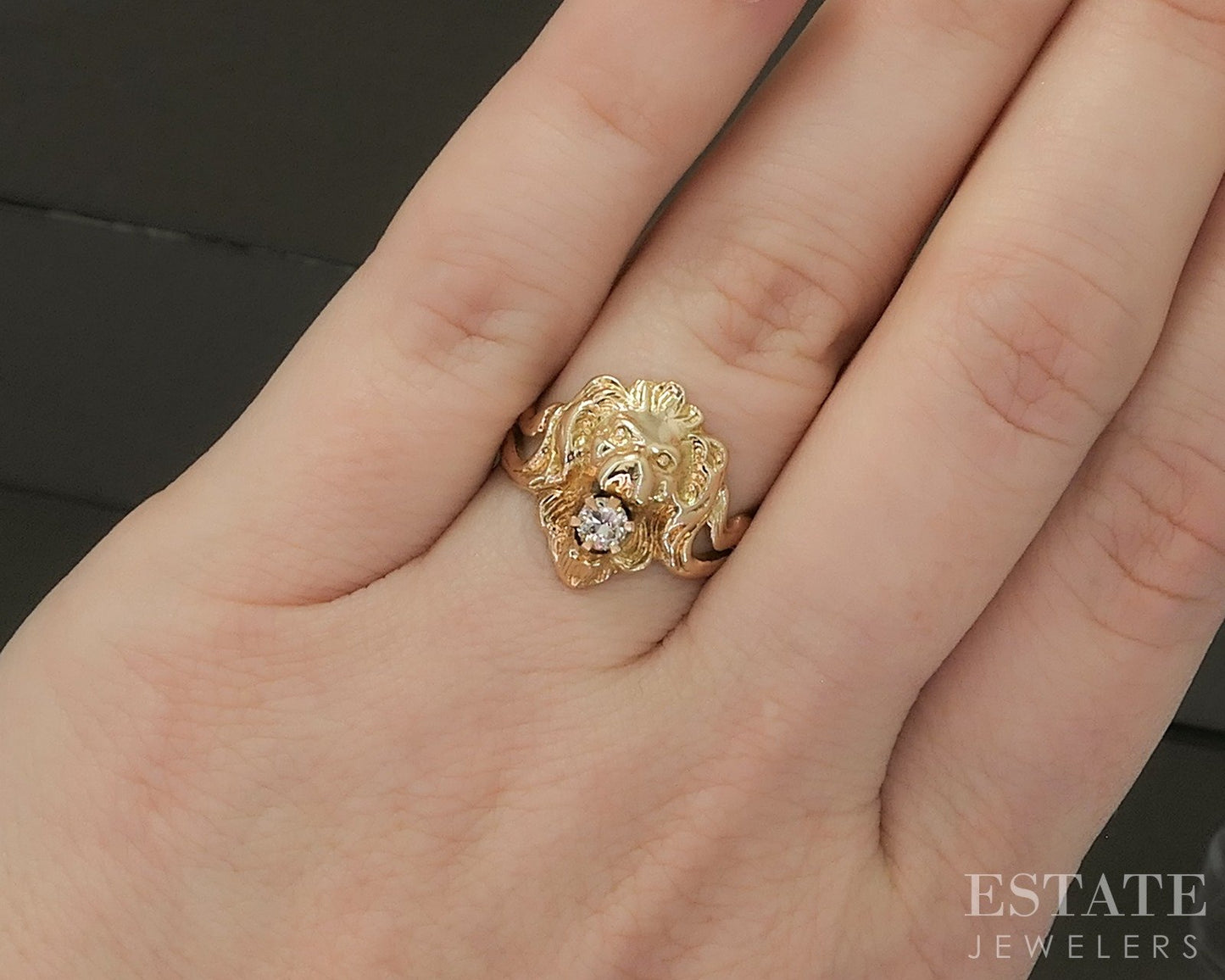 Antique Art Nouveau 14k Yellow Gold OMC .17ct Diamond Lion Head Ring p27465