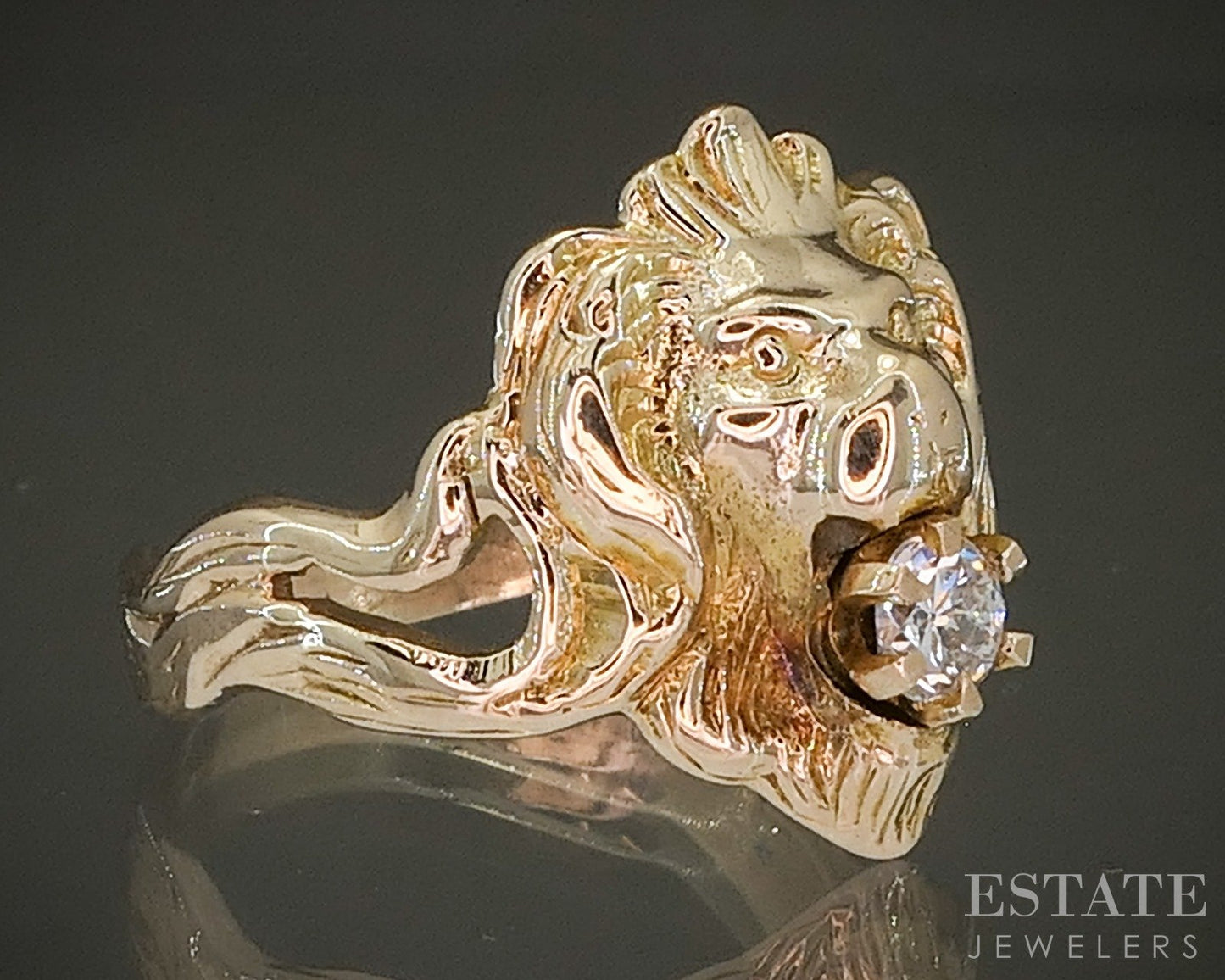 Antique Art Nouveau 14k Yellow Gold OMC .17ct Diamond Lion Head Ring p27465