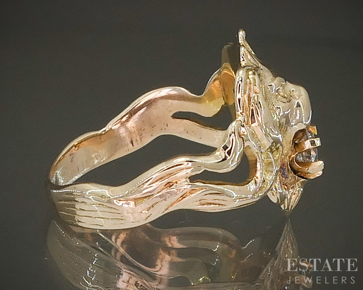 Antique Art Nouveau 14k Yellow Gold OMC .17ct Diamond Lion Head Ring p27465